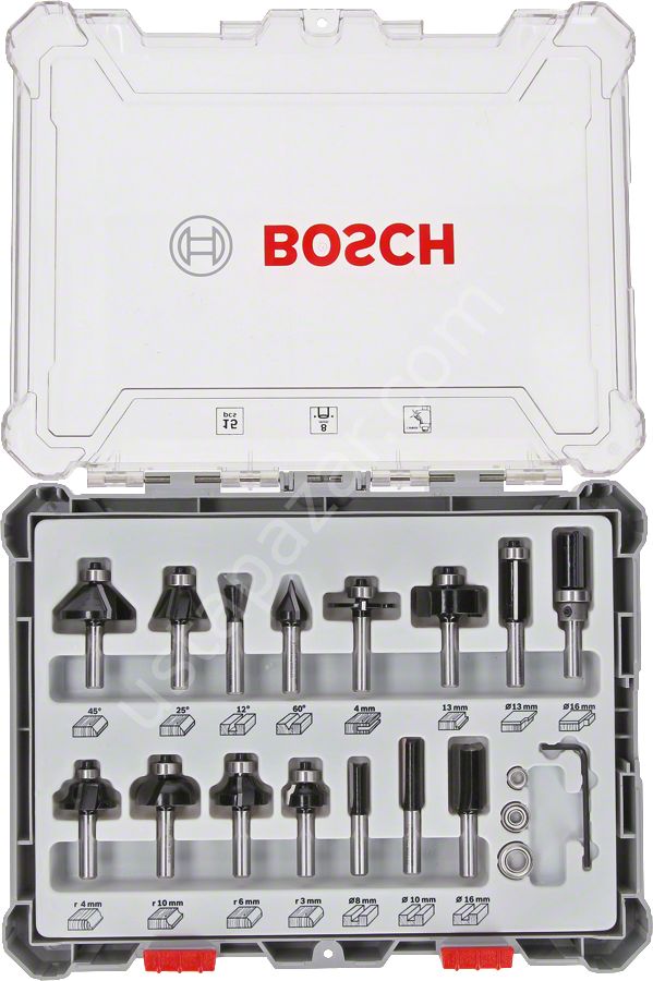 Bosch - Profesyonel 15 Parça Karışık Freze Ucu Seti 8 mm Şaftlı 2607017472