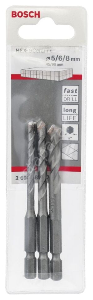 Bosch - Altıgen Şaftlı, HEX-9 Serisi Seramik için Matkap Ucu 3'lü Set 5-6-8 mm 2608589527
