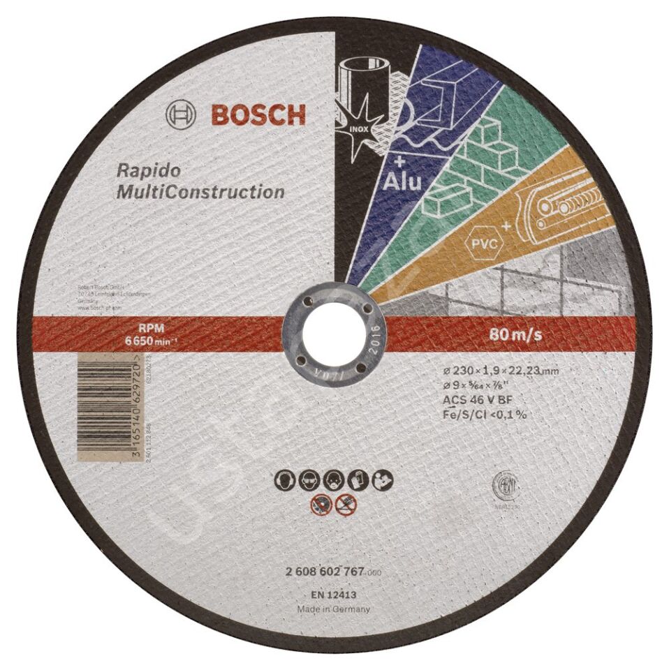 Bosch - 230*1,9 mm Çoklu Malzemelerde Kullanım İçin Düz Kesme Diski (Taş) 2608602767