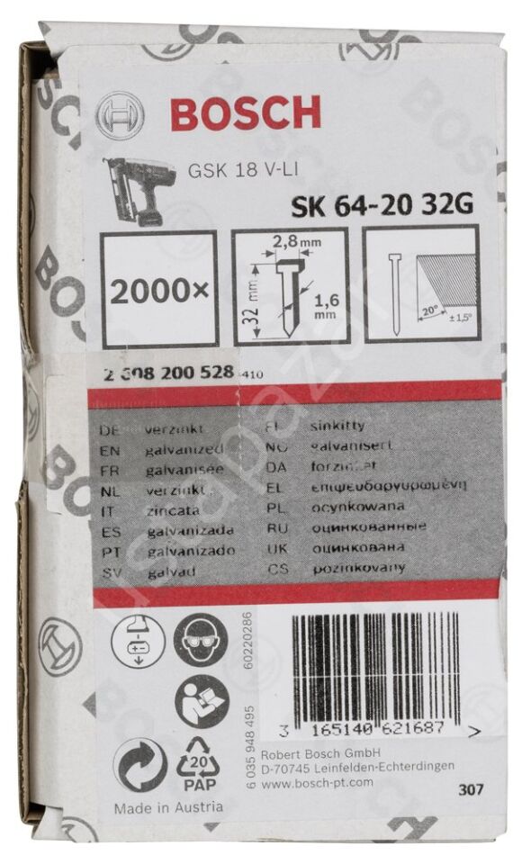 Bosch - Başsız Çivi 20ᵒ 32 mm Galvanizli 2000li 2608200528