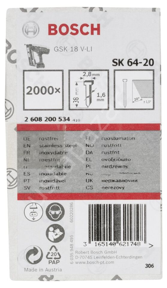 Bosch - Başsız Çivi 20ᵒ 38 mm Paslanmaz 2000li 2608200534