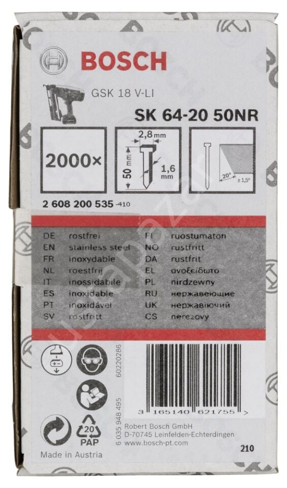 Bosch - Başsız Çivi 20ᵒ 50 mm Paslanmaz 2000li 2608200535