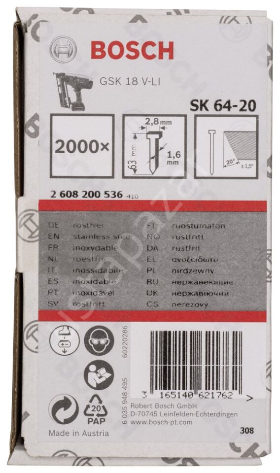 Bosch - Başsız Çivi 20ᵒ 63 mm Paslanmaz 2000li 2608200536