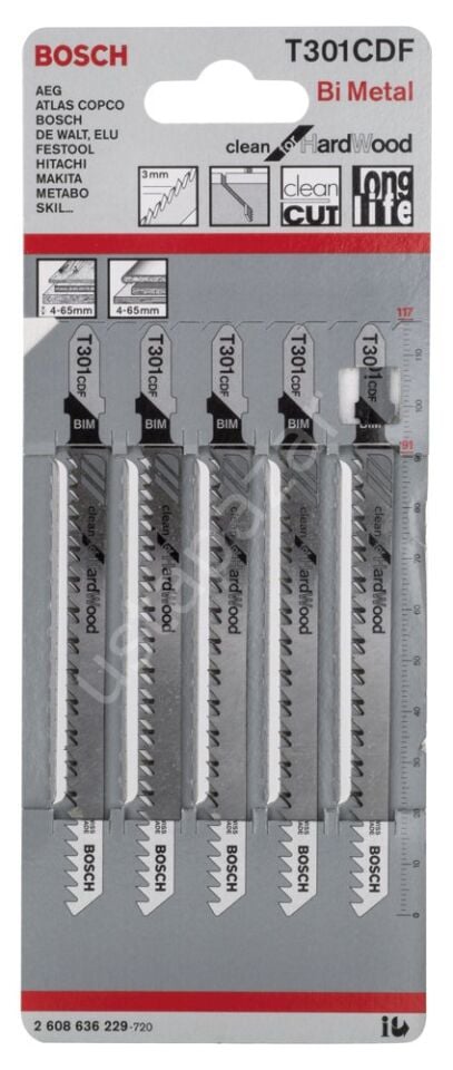 Bosch - Temiz Kesim Serisi Sert Ahşap İçin T 301 CDF Dekupaj Testeresi Bıçağı - 5'Li Paket 2608636229