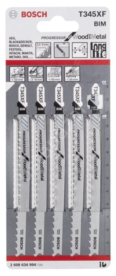 Bosch - Ahşap Ve Metal İçin T 345 XF Dekupaj Testeresi Bıçağı - 5'Li Paket 2608634994