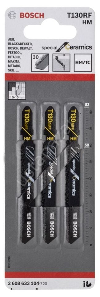 Bosch - Seramik İçin Özel T 130 RIFF Dekupaj Testeresi Bıçağı - 3'Lü Paket 2608633104