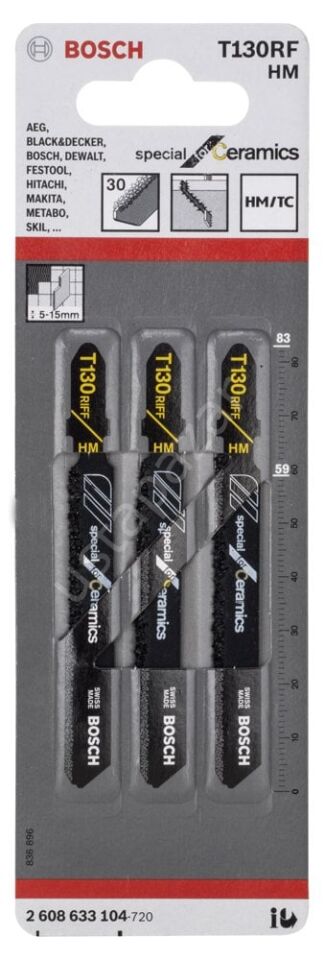 Bosch - Seramik İçin Özel T 130 RIFF Dekupaj Testeresi Bıçağı - 3'Lü Paket 2608633104