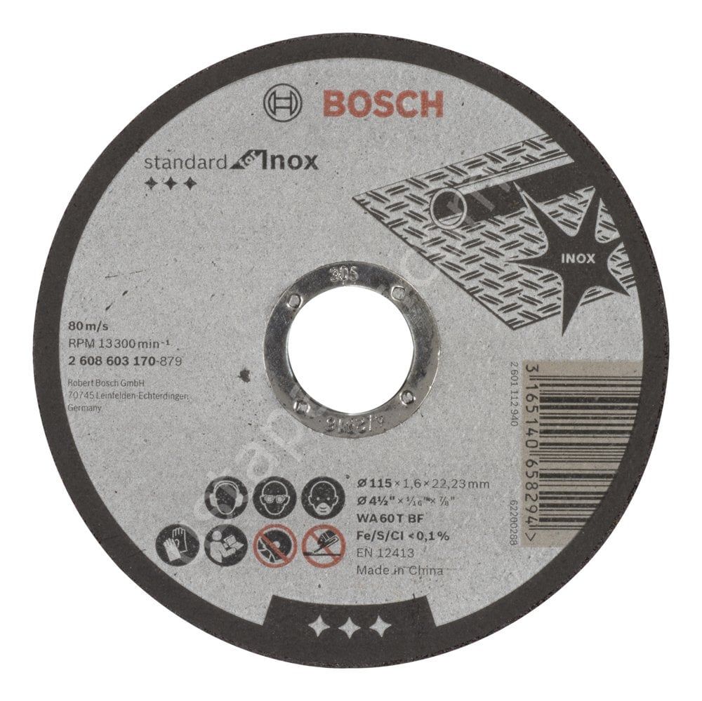 Bosch - 115*1,6 mm Standard Seri Düz Inox (Paslanmaz Çelik) Kesme Diski (Taş) 2608603170