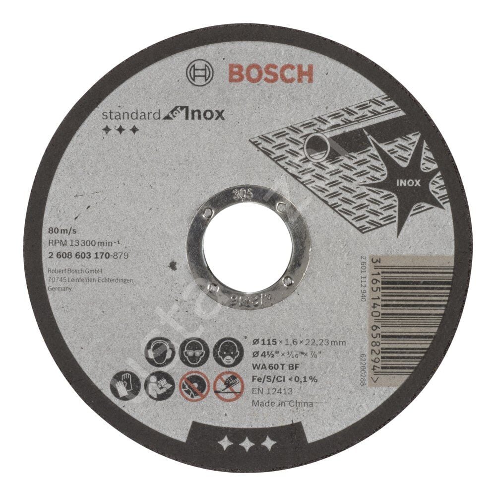 Bosch - 115*1,6 mm Standard Seri Düz Inox (Paslanmaz Çelik) Kesme Diski (Taş) 2608603170