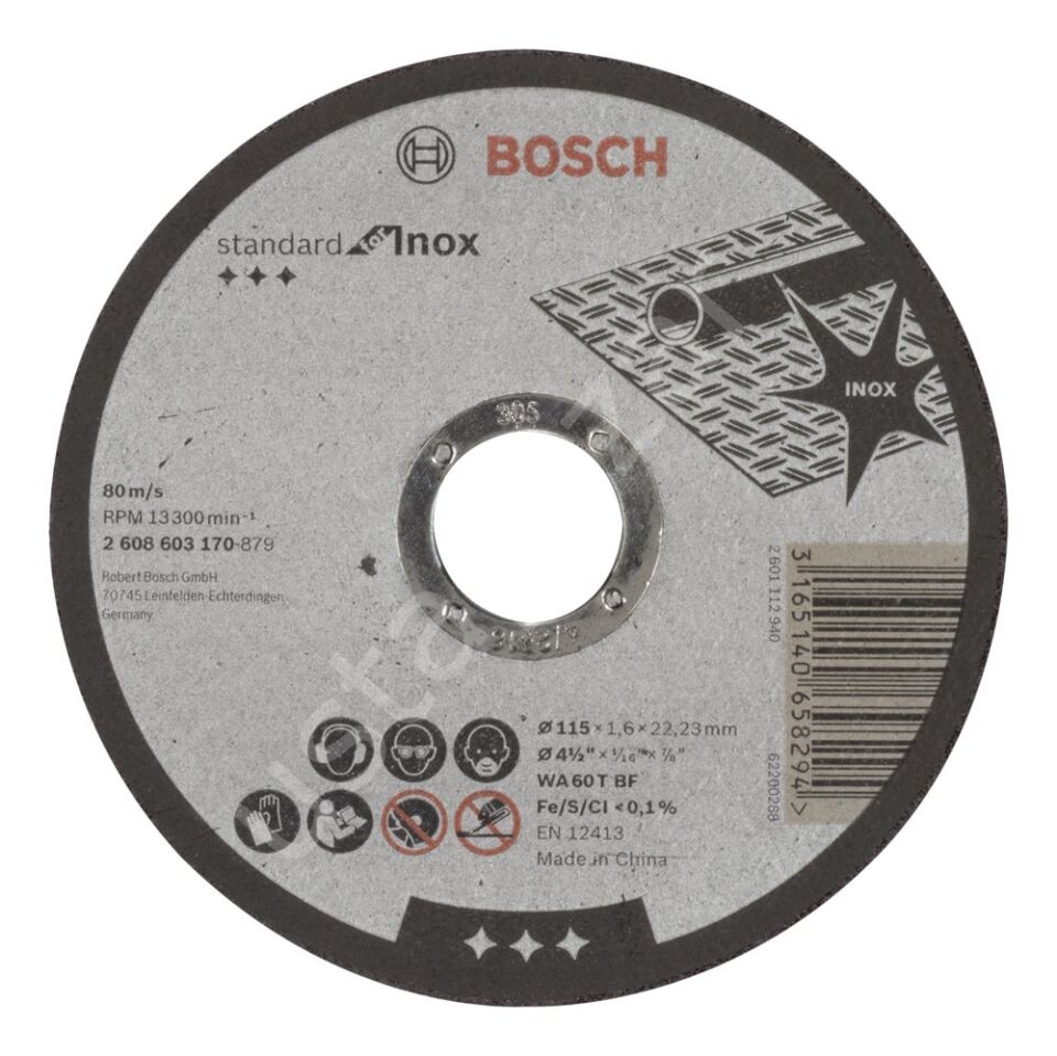 Bosch - 115*1,6 mm Standard Seri Düz Inox (Paslanmaz Çelik) Kesme Diski (Taş) 2608603170