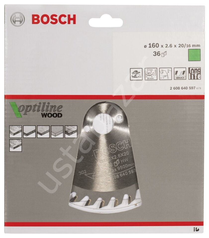 Bosch - Optiline Serisi Ahşap için Daire Testere Bıçağı 160*20/16 mm 36 Diş 2608640597
