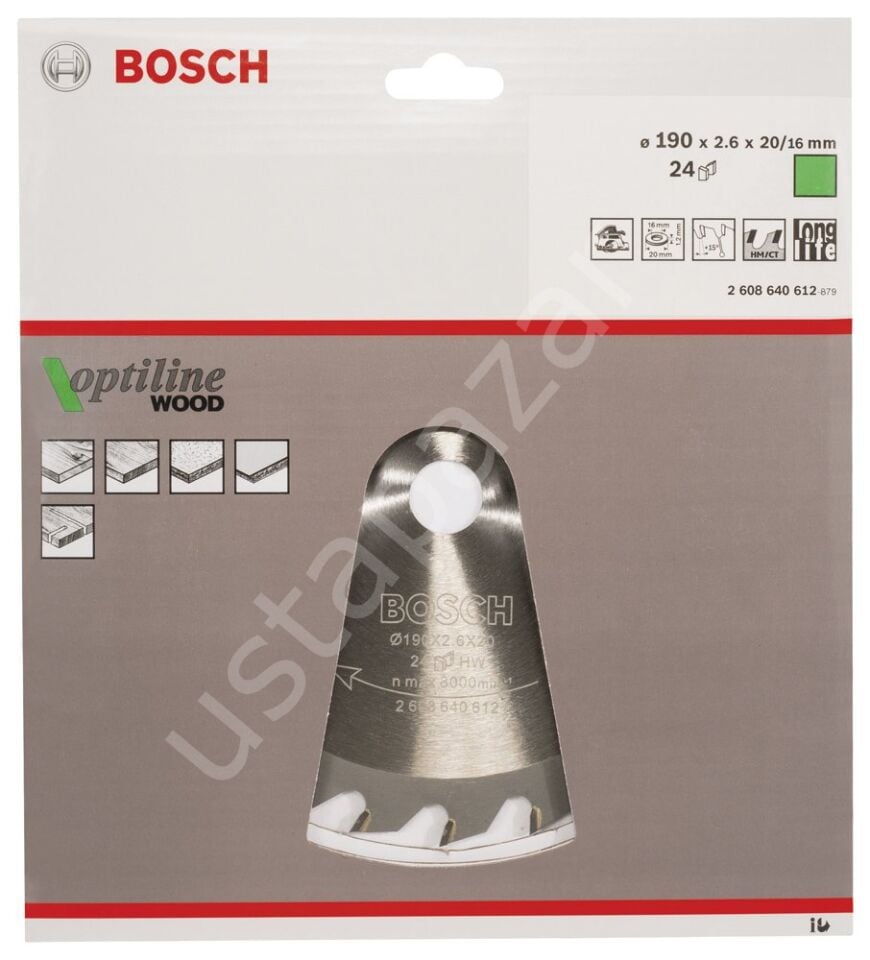 Bosch - Optiline Serisi Ahşap için Daire Testere Bıçağı 190*20/16 mm 24 Diş 2608640612