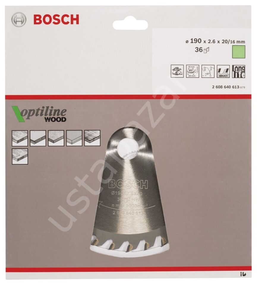 Bosch - Optiline Serisi Ahşap için Daire Testere Bıçağı 190*20/16 mm 36 Diş 2608640613