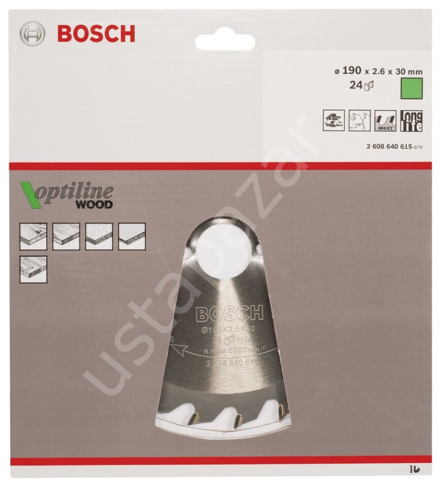 Bosch - Optiline Serisi Ahşap için Daire Testere Bıçağı 190*30 mm 24 Diş 2608640615