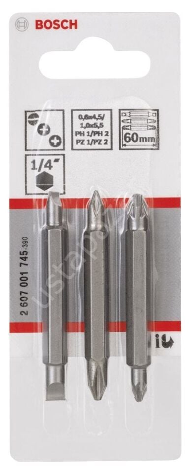 Bosch - Çift Taraflı Vidalama ucu PH1/PZ1/S0*60 mm 3'lü 2607001745