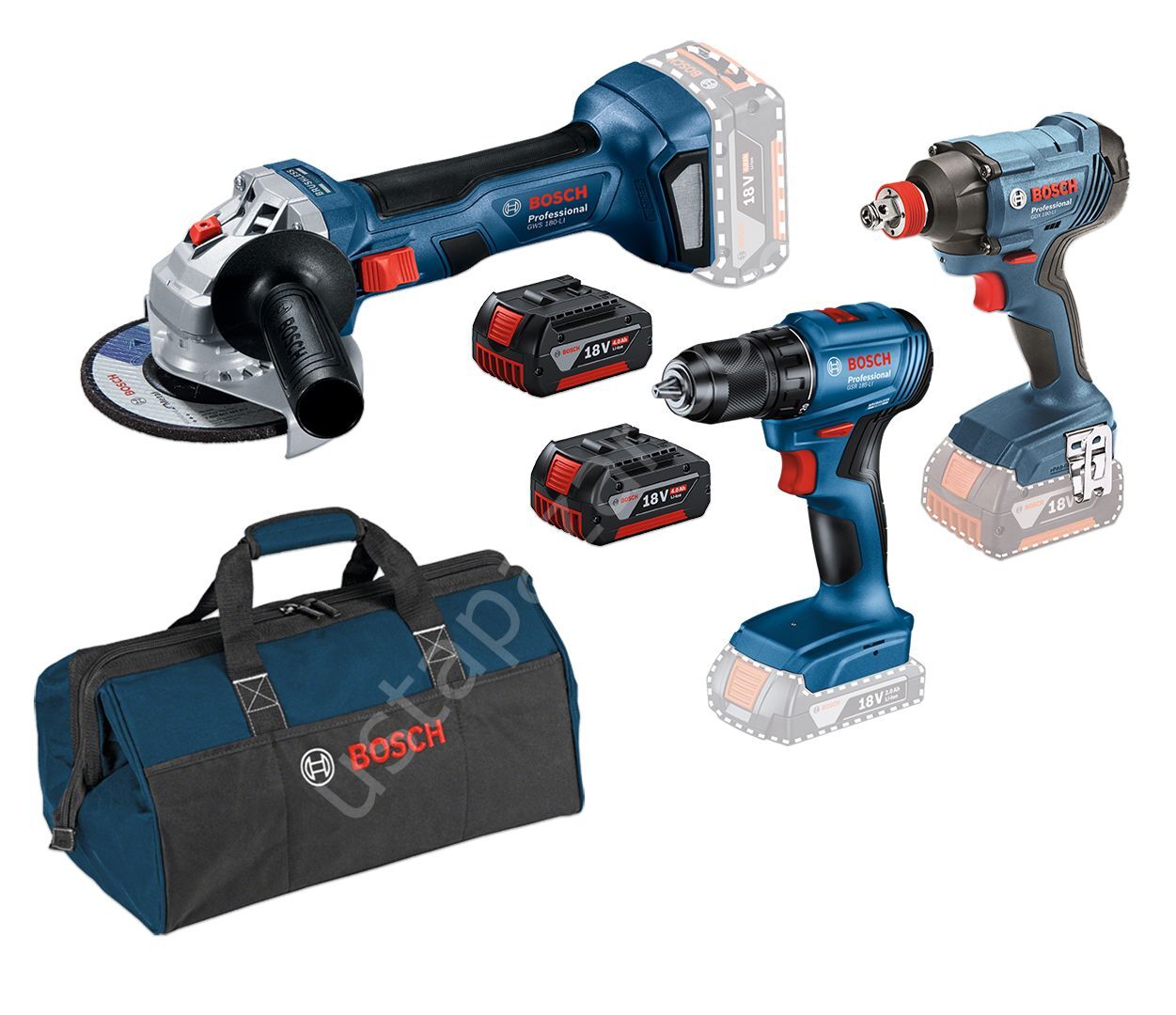 Bosch Professional Gsr 185 + Gdx 180 + Gws 180 2x4Ah Akülü Çantalı vidalama ve taşlaşma seti