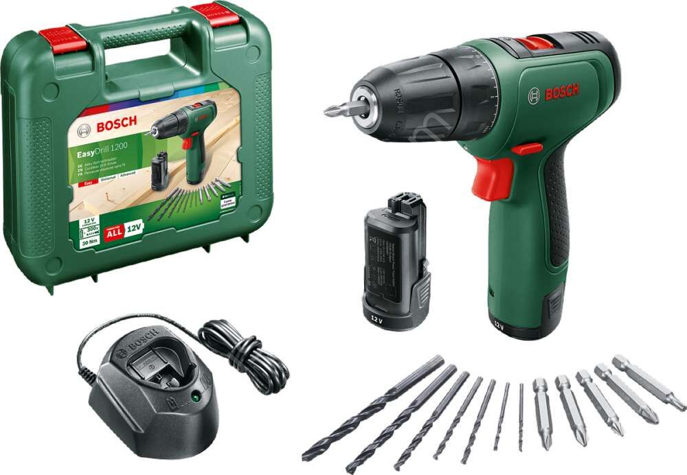 Bosch EasyDrill 1200 Akülü Delme Vidalama Makinesi + GAL 1210 CV + Aksesuar Seti (Çift Akülü) 06039D3007