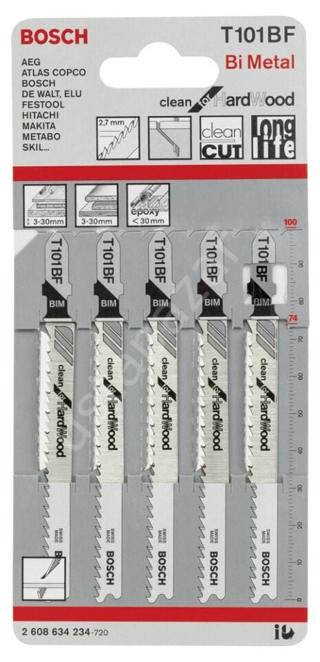 Bosch - Temiz Kesim Serisi Sert Ahşap İçin T 101 BF Dekupaj Testeresi Bıçağı - 5'Li Paket 2608634234