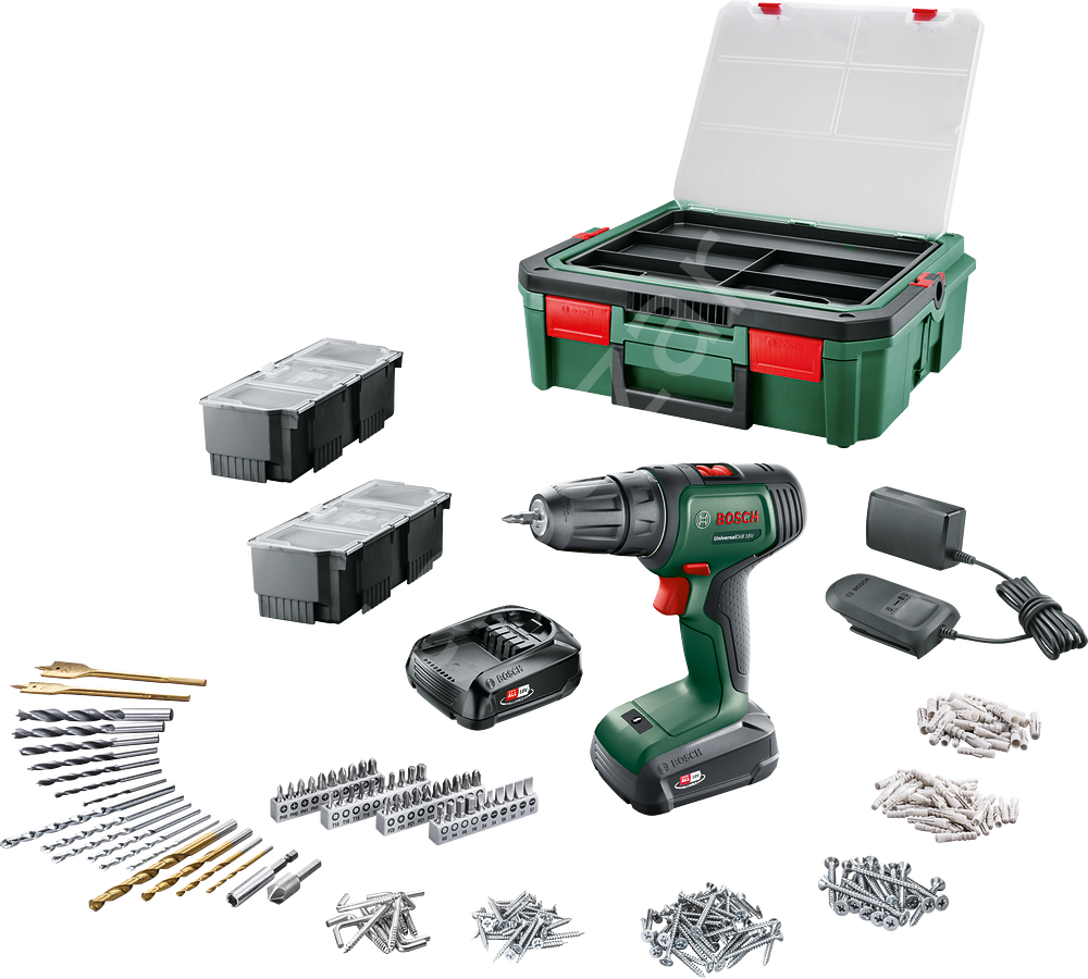 Bosch UniversalDrill 18V (2x1,5 Ah) Akülü Delme Vidalama Makinesi+ 241 parça set + Systembox S 06039D4003