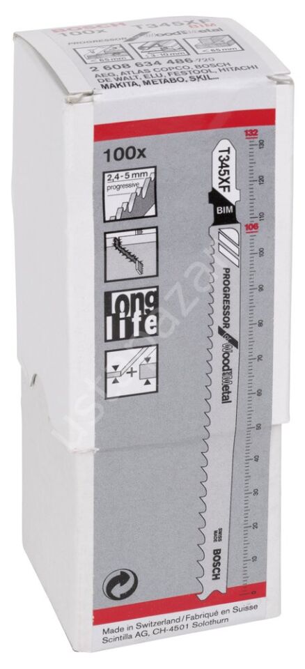 Bosch - Ahşap Ve Metal İçin T 345 XF Dekupaj Testeresi Bıçağı - 100'Lü Paket 2608634486