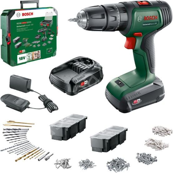 Bosch UniversalImpact 18V (2x1,5 Ah) Akülü Darbeli/Delme Vidalama Makinesi + 241 parça set + Systembox S 06039D4103