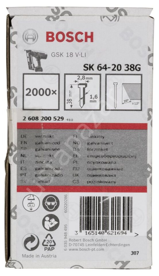 Bosch - Başsız Çivi 20ᵒ 38 mm Galvanizli 2000li 2608200529
