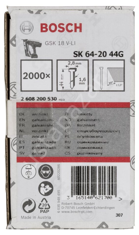 Bosch - Başsız Çivi 20ᵒ 44 mm Galvanizli 2000li 2608200530