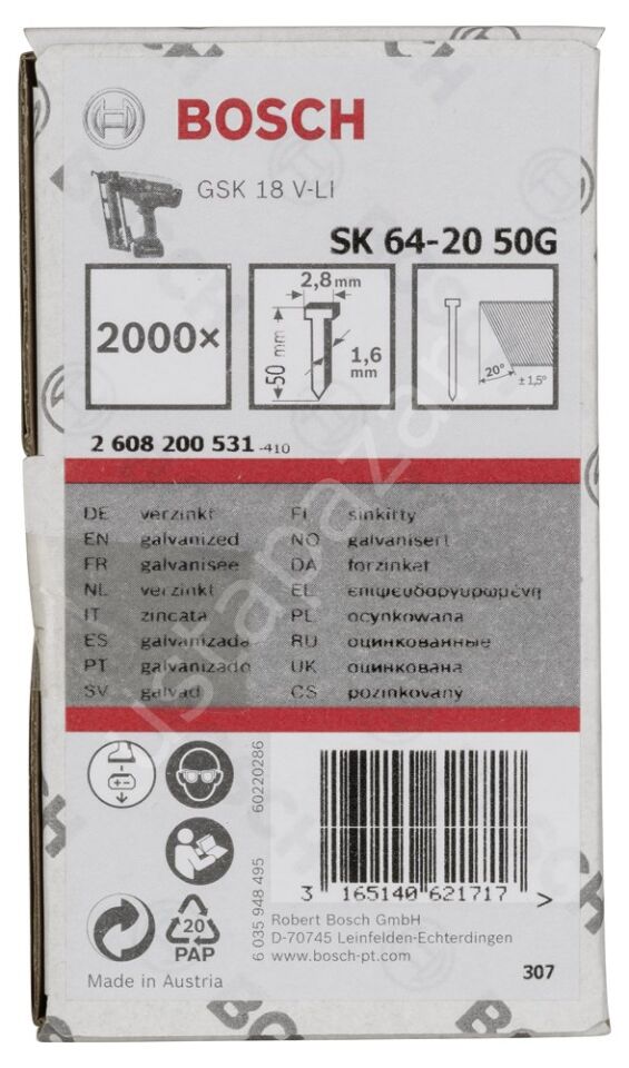 Bosch - Başsız Çivi 20ᵒ 50 mm Galvanizli 2000li 2608200531
