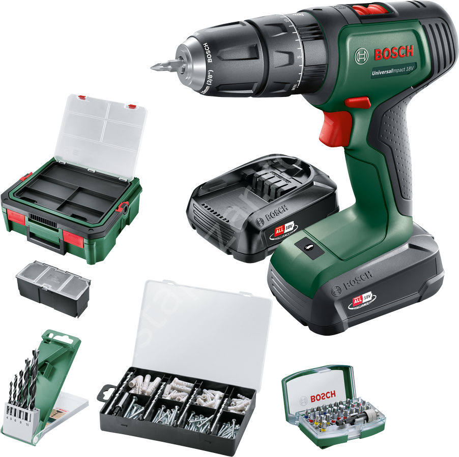 Bosch UniversalImpact 18V (2x 1,5Ah) Akülü Darbeli/Delme Vidalama Makinesi + 210 parça set + Systembox S 06039D4107