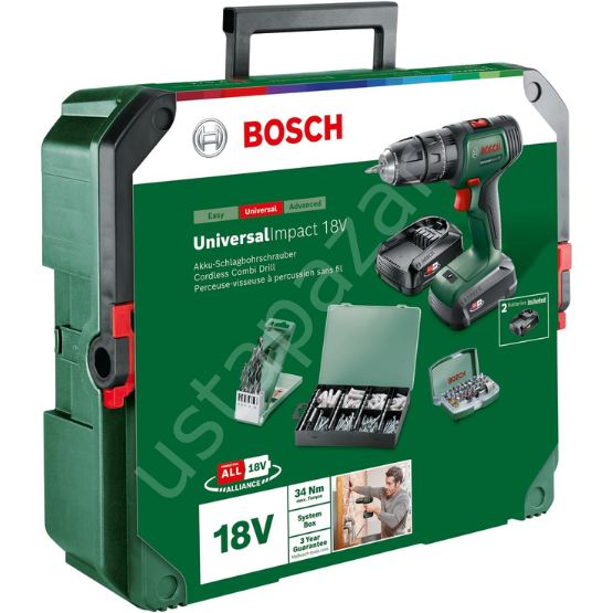Bosch UniversalImpact 18V (2x 1,5Ah) Akülü Darbeli/Delme Vidalama Makinesi + 210 parça set + Systembox S 06039D4107