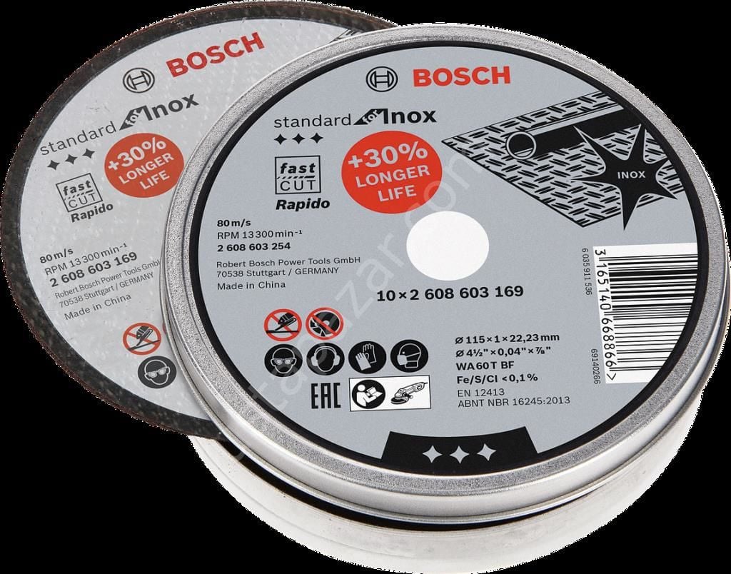 Bosch - 115*1,0mm Standard Seri Düz Inox (Paslanmaz Çelik) Kesme Diski (Taş) - Rapido 10'lu 2608603254