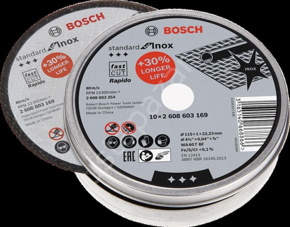 Bosch - 115*1,0mm Standard Seri Düz Inox (Paslanmaz Çelik) Kesme Diski (Taş) - Rapido 10'lu 2608603254