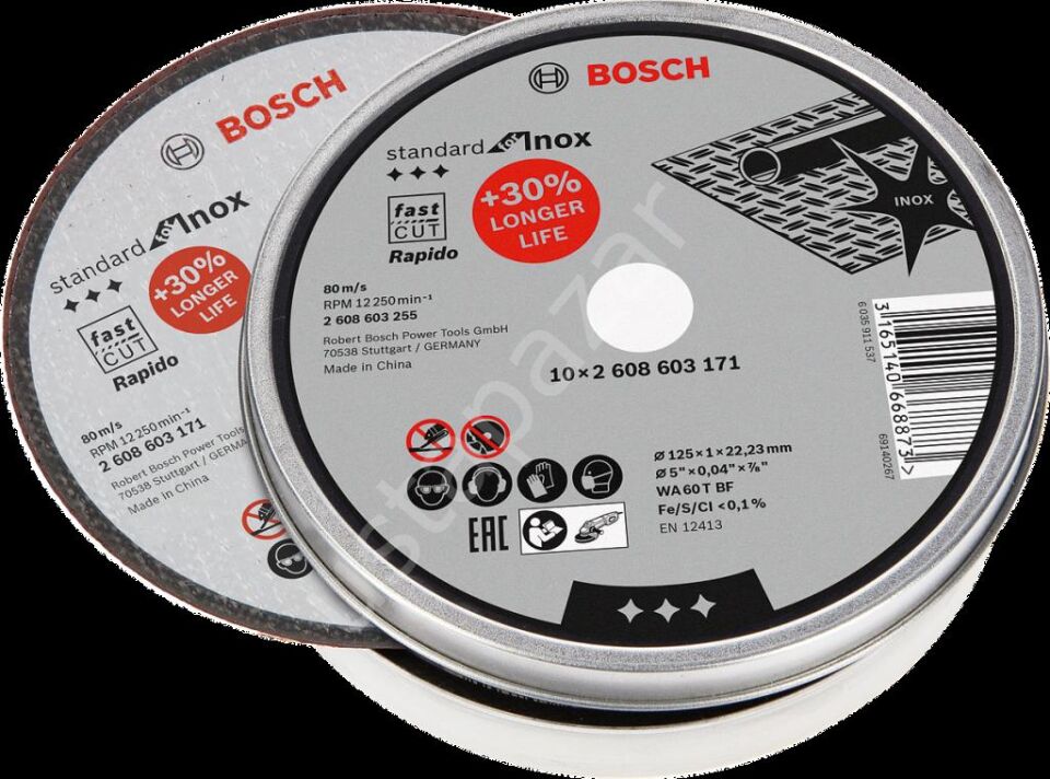 Bosch - 125*1,0mm Standard Seri Düz Inox (Paslanmaz Çelik) Kesme Diski (Taş) - Rapido 10'lu 2608603255