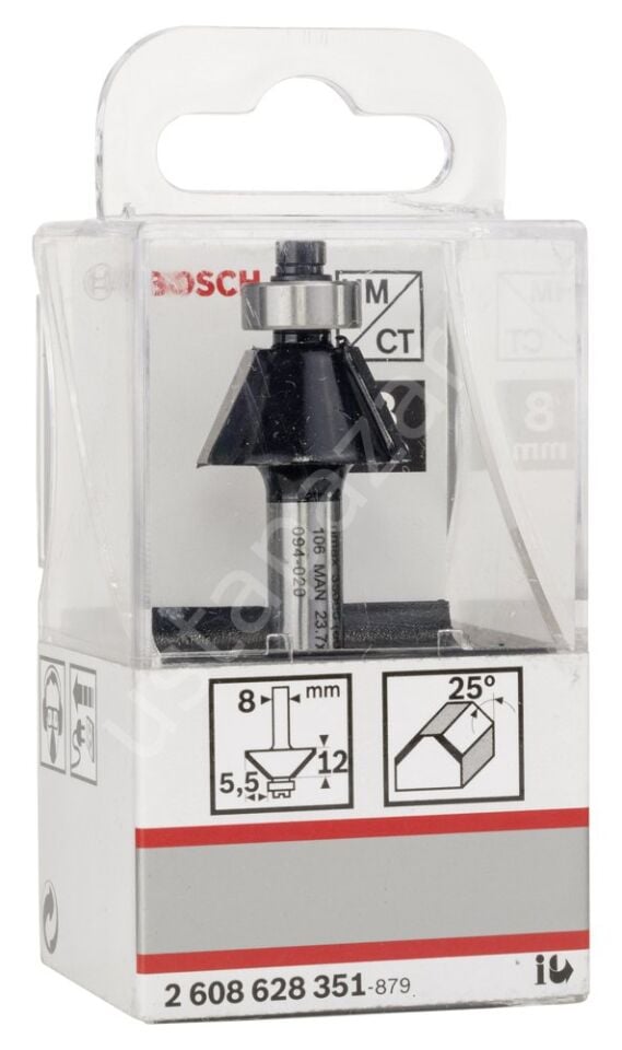 Bosch - Standard Seri Ahşap ve Laminant İçin Çift Oluklu, Sert Metal Bilya Yataklı Pah Açma Frezesi 8*5,5*54 mm 2608628351