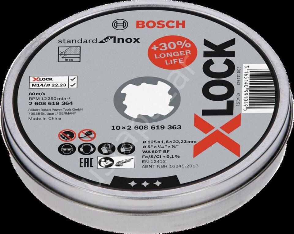 Bosch - X-LOCK - 125*1,6 mm Standard Seri Düz Inox (Paslanmaz Çelik) Kesme Diski (Taş) 10'lu 2608619364